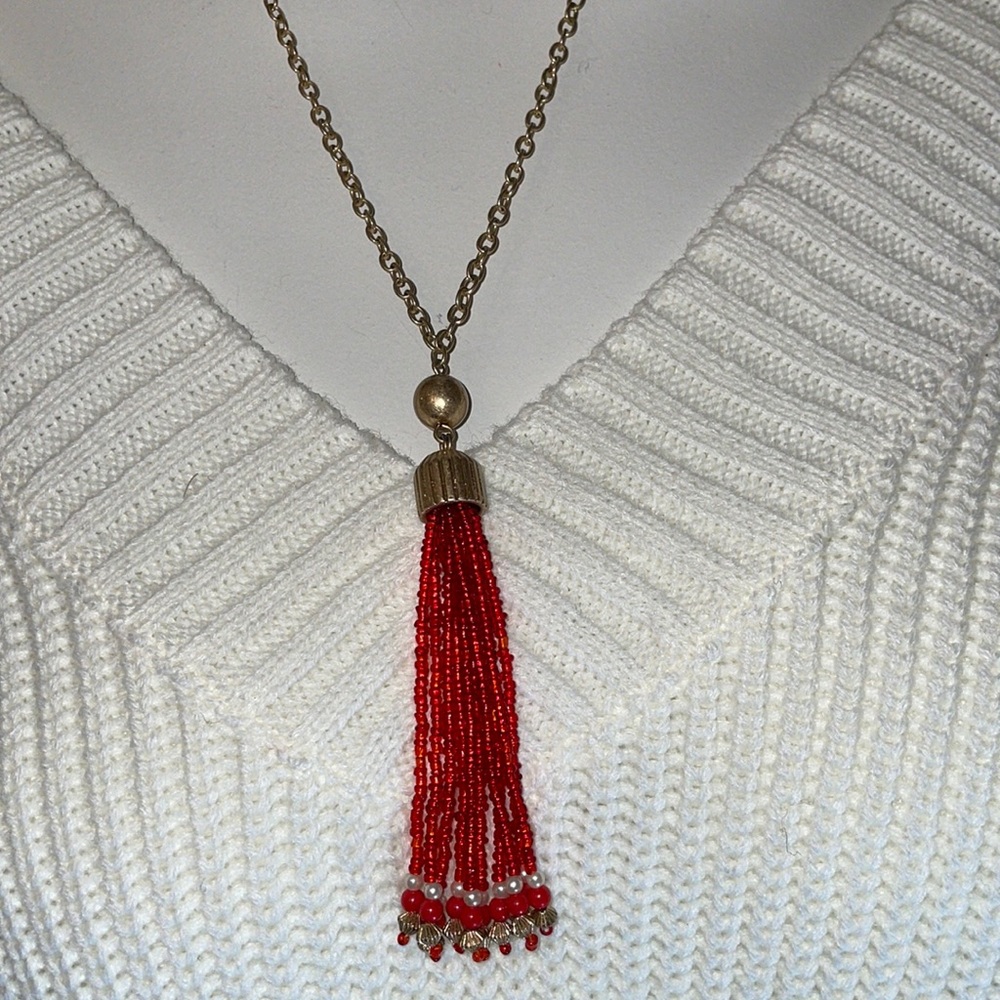 Festival Boho Red Beaded Tassle Strand Necklace